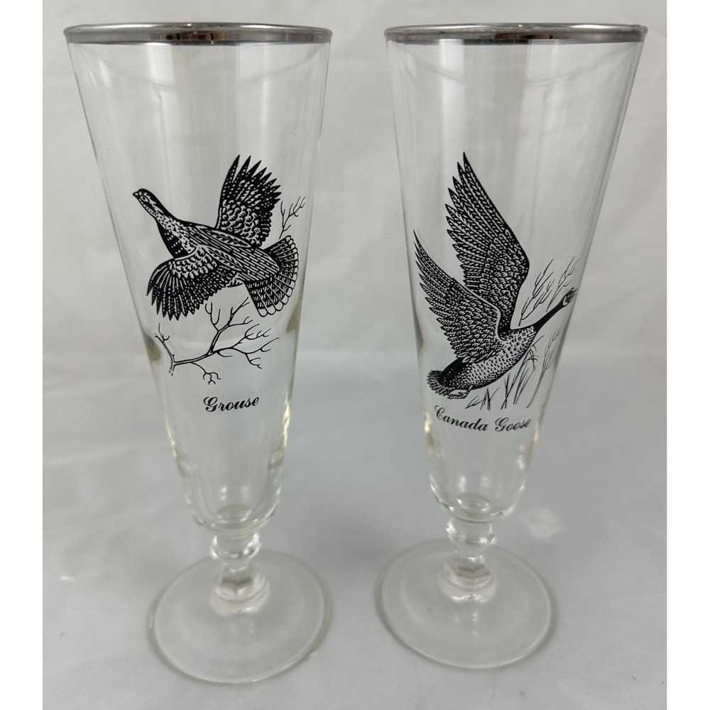 Federal Silver Rim Pilsner Glasses 12 oz Grouse Canada Goose Vtg 60s Sportsman